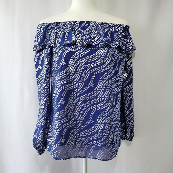 New Michael Kors Women's Blue Chain Print Off Shoulder Top Size Xsmall - Picture 5 of 15